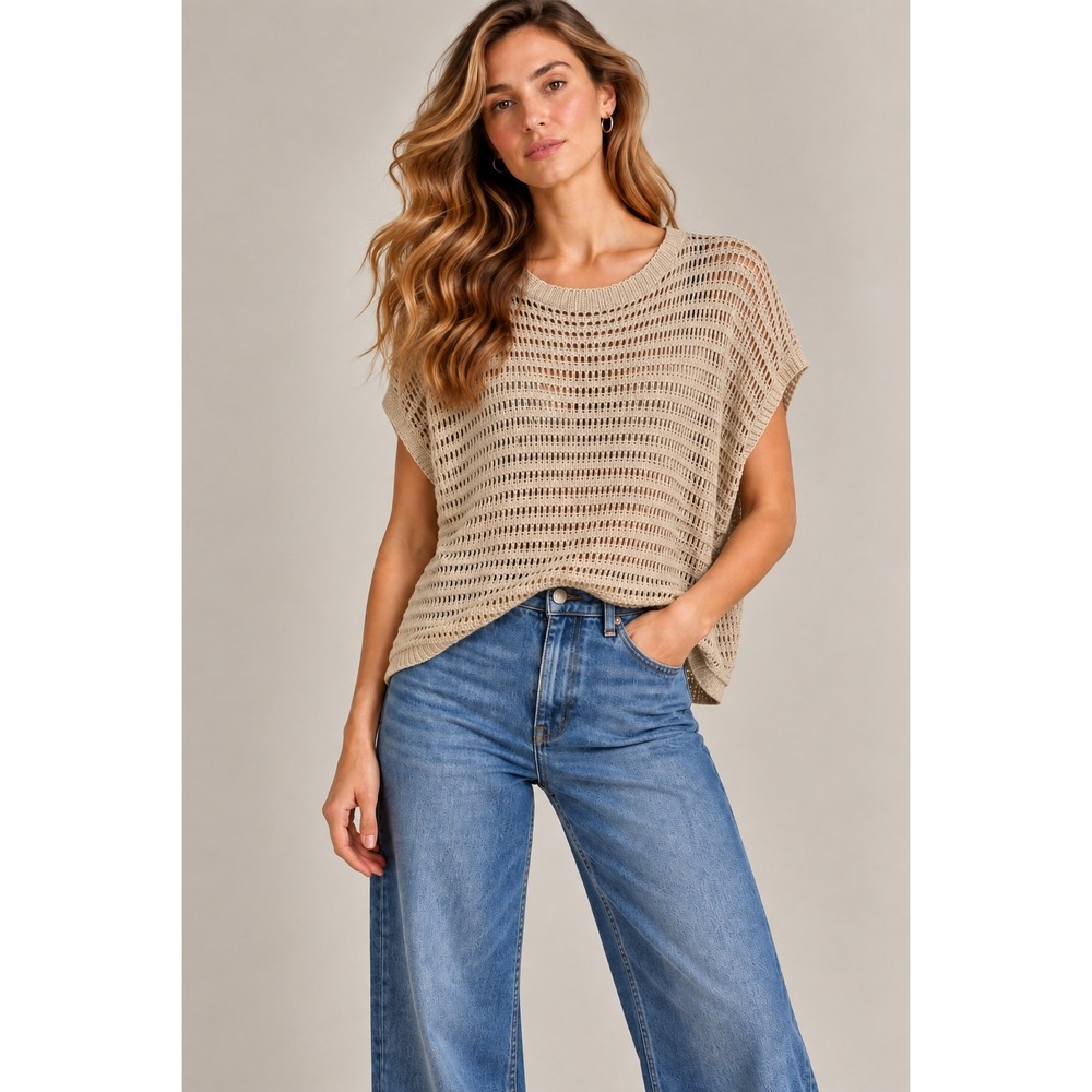 Max Studio Beige Linen Blend Crochet Pointelle Open Knit Sweater , M
